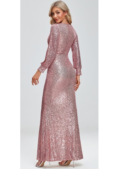 Hanife Glam Couture Hanife Glam Uzun Kollu Kruvaze Yaka Pullu Abiye Elbise Pembe