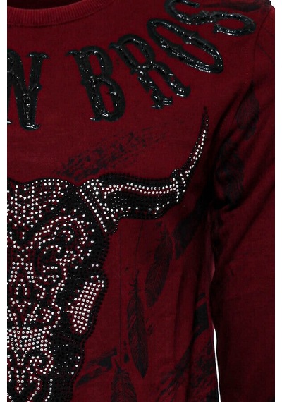 Wessi Bordo Taşlı Baskılı Bisiklet Yaka Sweatshirt Bordo