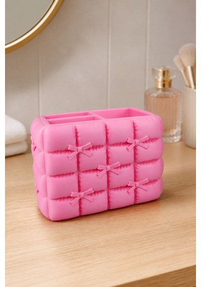 Fiyonk Detaylı Puffy Masaüstü Organizer 3d Baskı Makyaj Ve Kalemlik Düzenleyici Pembe - Pembe