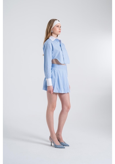 Holly Lolly Çizgili Pilili Mini Harmony Poplin Etek Mavi