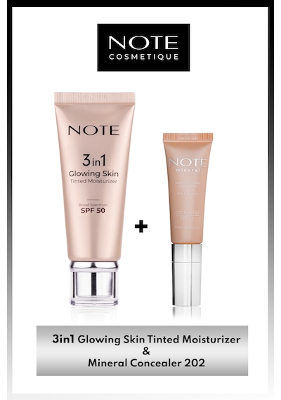 Note Cosmetics 3 in 1 Glowing Skin Tinted Işıltılı Krem SPF50 + Mineral Göz Altı Kapatıcısı 202