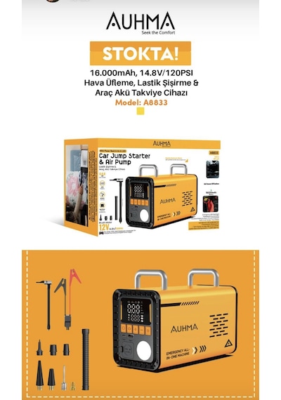 Auhma A8833 16.000 Mah 5'i 1 Arada Akü Takviyeli Şarjlı Hava Pompası Powerbank Dijital Fener & Üfleme Vakum
