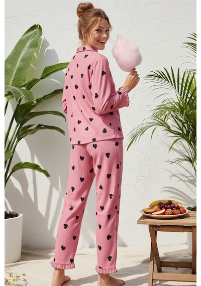 Siyah İnci Bürümcük-krınkıl Uzun Kollu Düğmeli Pijama Takım 7993 Pembe Siyah Kalp