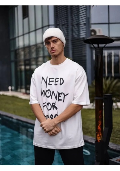 Modi Unisex Bisiklet Yaka Baskılı Oversize T-shirt - Beyaz - Mymg180508