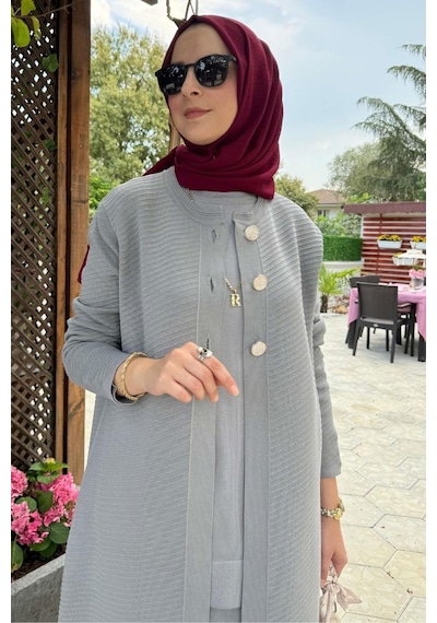 Rabia Şamlı Sinem Çelik Örme Triko Hırka Gri Çok Renkli