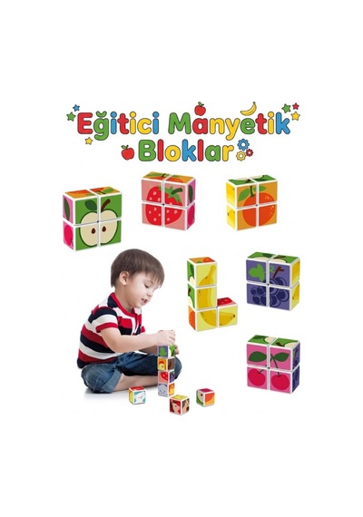 Eğitici Manyetik Bloklar Küpler - Mıknatıslı Zeka Blokları - 4 Parça Meyve Temalı 3 Boyutlu Puzzle