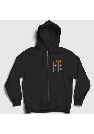 Presmono Unisex Band Kiss Fermuarlı Kapüşonlu Sweatshirt Siyah