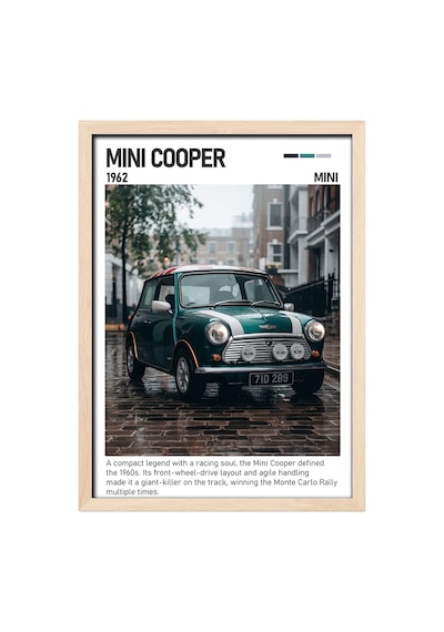 Mini Cooper Classic Ahşap Çerçeveli Poster Tablo Retro Şehir Aracı Ahşap 01