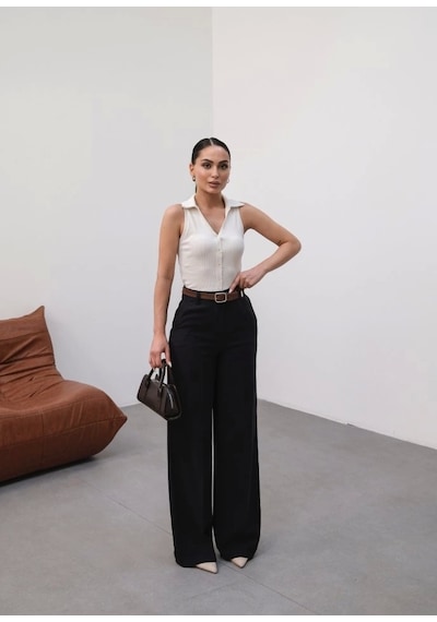 Defymoda Keten Kemerli Ve Dökümlü Palazzo Pantolon Kemer Dahi L Siyah