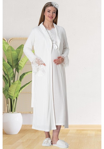 Mecit Pijama Mecit 5417 Ekru Uzun Sabahlıklı Lohusa Gecelik Takımı