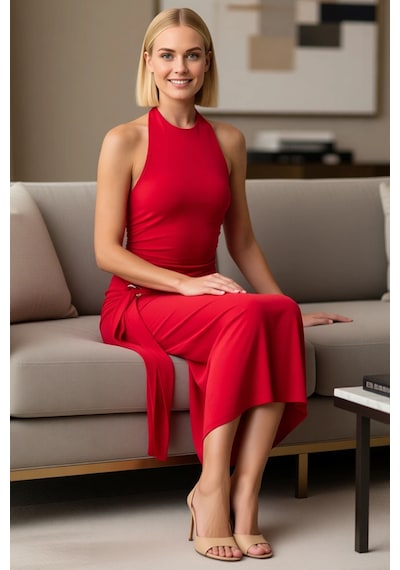 Benerly Kadın Halter Yaka Bodycon Midi Elbise %100 Polyester Kolsuz Astar Kırmızı