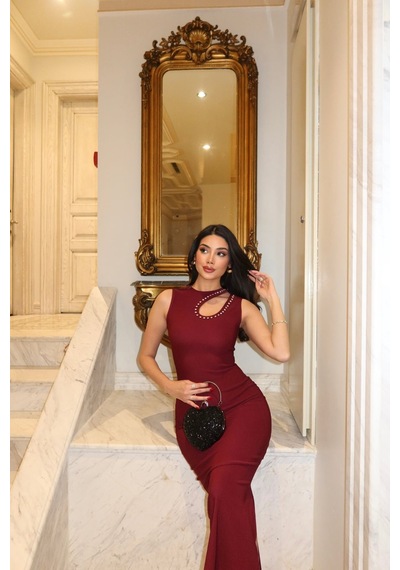 Kechi Woman Ottoman Kumaş Damla Taşlı Bordo Elbise