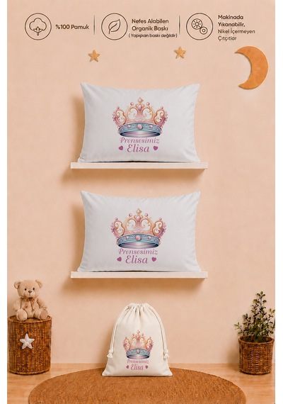 İsme Özel Kız Bebek Hediyesi 2 Adet 35x45 %100 Pamuk Yastık Kılıfı Ve Ham Bez Bebek Kıyafet Kesesi 1050y2kyx