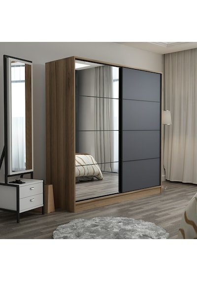 Minarmobilya Minar Kale 2 Kapaklı Aynalı Sürgülü Dolap 180 Cm - Dore/Antrasit