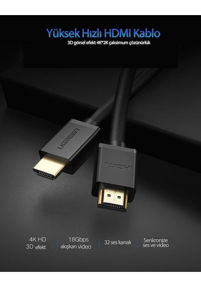 Ugreen 10106 Uhd 4K Yüksek Hızlı Ethernet ve Hdmi Kablosu. 1M