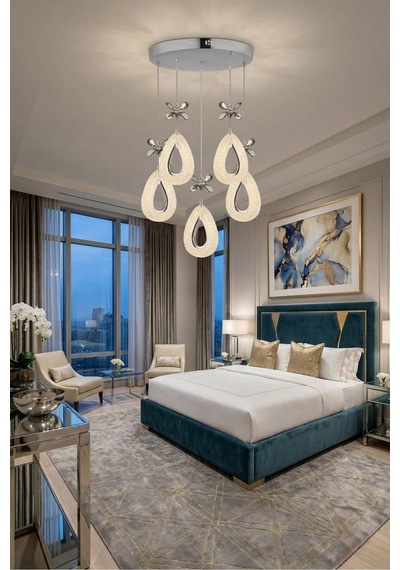 LumiaLighting Damla Model 5'li Gümüş Kumandalı 3 Renk Modu Ledli Kristal Taşlı Modern Salon Mutfak Oturma Odası Led Avize