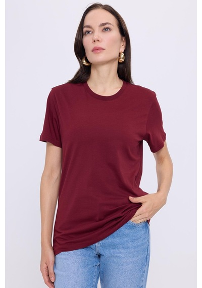 Tudors Kadın Slim Fit Dar Kesim Pamuklu Yumuşak Doku Likralı Esnek Kumaş Basic Bordo Bisiklet Yaka Tişört-37834 Bordo