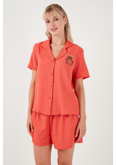 Lela Gömlek Yaka Beli Lastikli Kısa Kollu Şortlu Bayan Pijama Takımı 611Pt00065 Mercan