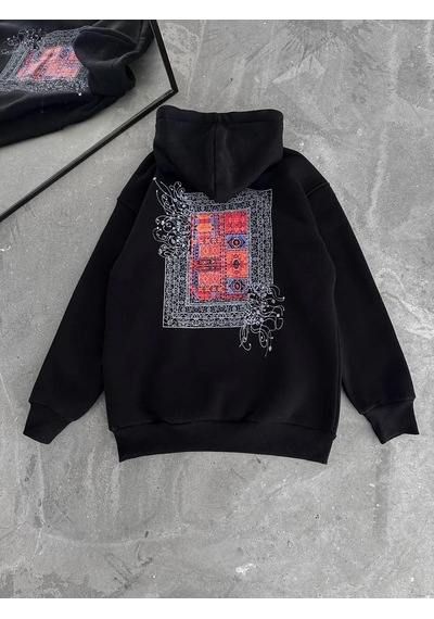 Uzun Kol Kapüşonlu Ön Ve Arka Baskılı Sweatshirt - Siyah - Siyah