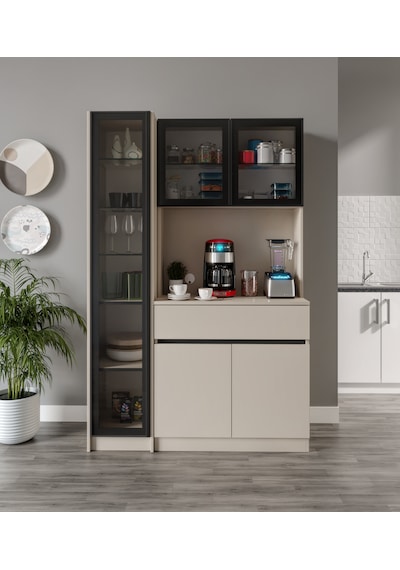 Lora Kum Beji Midi Sol Vitrinli Komple Mdf Led Aydınlatmalı Kahve Köşesi Lora Kum Beji Midi Sol Vitrinli Komple Mdf Led Aydınlatmalı Kahve Köşesi