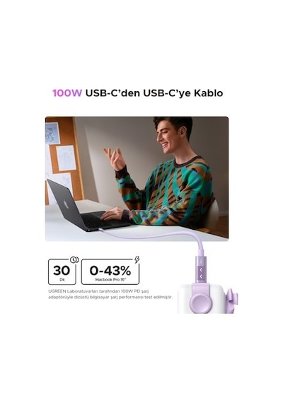 Ugreen Uno Usb-c 100w 5a Qc Pd Örgülü Hızlı Şarj Kablosu, 1 Metre, Mor,