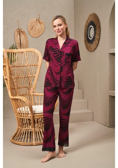 Pjs 25140 Kadın Yakalı Düğmeli Desenli Kısa Kollu Pijama Takım 001