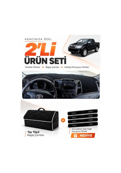 Toyota Hilux 2005-2014 Uyumlu Torpido Örtüsü + Tay Tüyü Bagaj Çantası + Sticker Seti - Siyah Gri