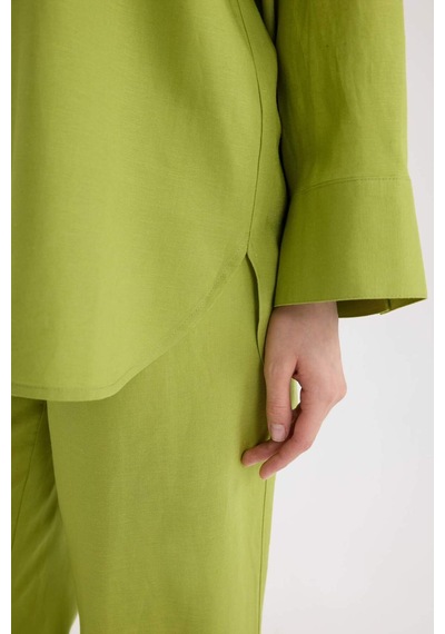 Defacto Relax Fit Keten Karışımlı Uzun Kollu Gömlek Tunik D8183ax25spgn698 Yeşil