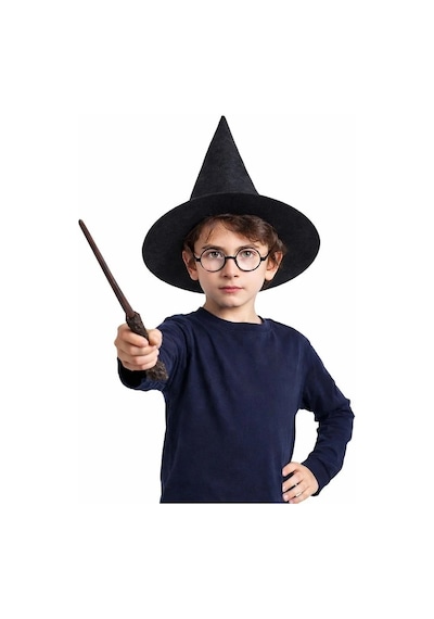 Ers Harry Potter Tarzı Çocuk Seti Siyah Keçe Şapka, Asa, Gözlük Çok Renkli