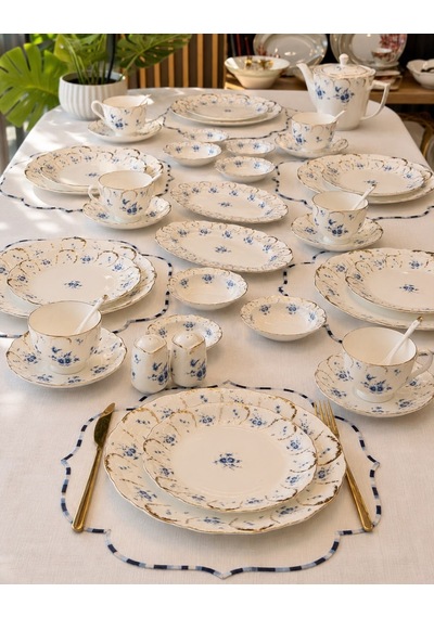 44 Parça Queen Blue Porselen Kahvaltı Takımı -6031 Beyaz