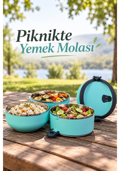 Üç Katlı Sefer Tası Sızdırmaz Kapaklı Çelik İç Hazneli Yemek Taşıma Kabı Turkuaz