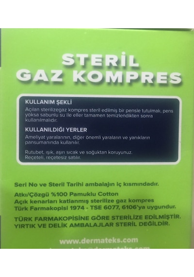 Dermateks 100 Lü Spanç Gazlı Bez 7.5*7.5 4Katlı