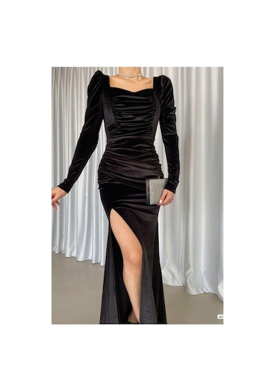 Lior Design Kadın Minimal Kadife Kumaş Kare Yaka Yırtmaçlı Abiye Elbise Siyah