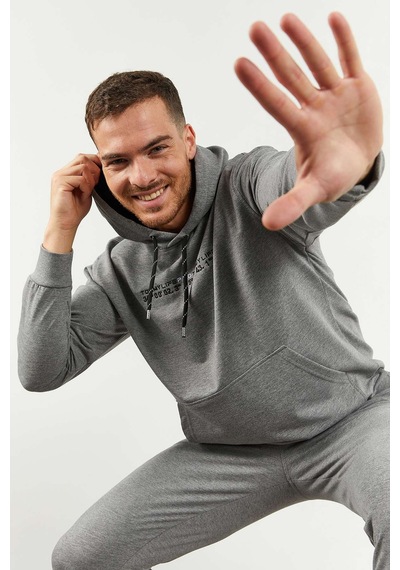 Tommy Life Gri Melanj Kapüşonlu Kanguru Cep Lastik Paça Erkek Oversize Eşofman Takımı - 85117 GRİ MELANJ
