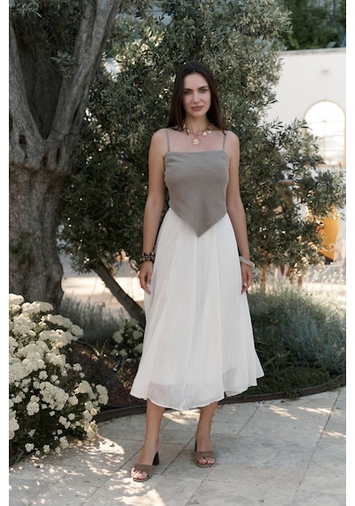 Mai Collection Mai Studios Co. Kita Üçgen Detay Çizgili Haki Keten Crop Haki