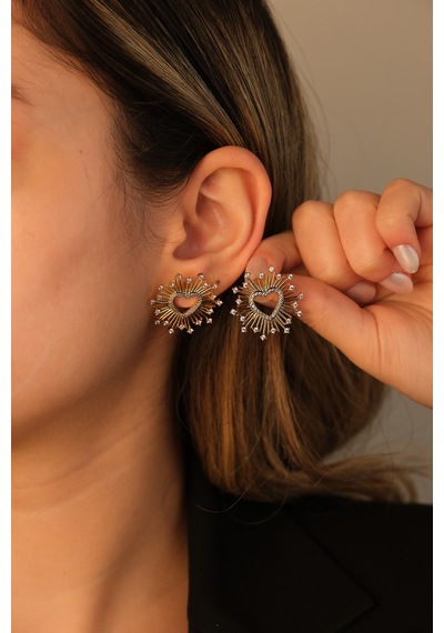 Çildan Womens Gold Zirkon Taşlı Özel Tasarım Kalp Küpe Altın
