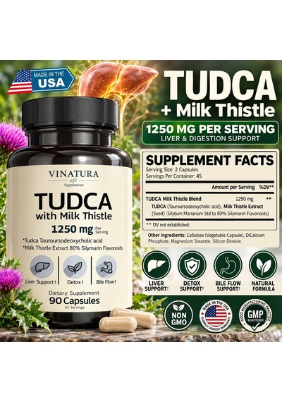 Vınatura Tudca Milk Thistle 1250mg Bile Salts Liver Support, Gallbladder 90 Caps