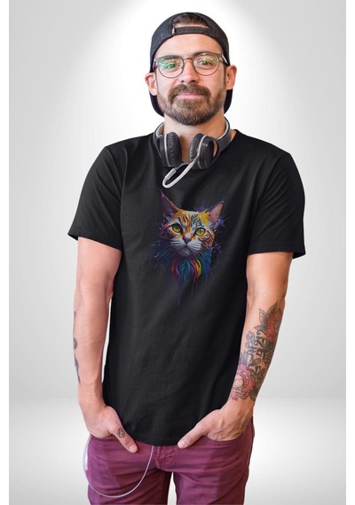 Şimşek Yağmur Kedi Unisex Unisex Siyah Organik Baskılı T-shirt Penye Yüksek Kalite Siyah