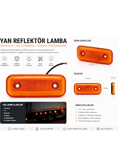 Mega Oto Market Led Yan Etek Aydınlatma Sarı Neon 12-24v Kamyon Tır Yan Lamba