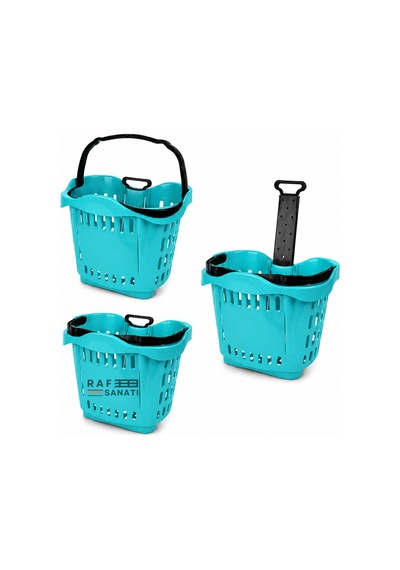 5 Adet - 43 Lt Tekerlekli Market Sepeti Plastik Alışveriş Sepeti Ergonomik Çift Saplı Turkuaz