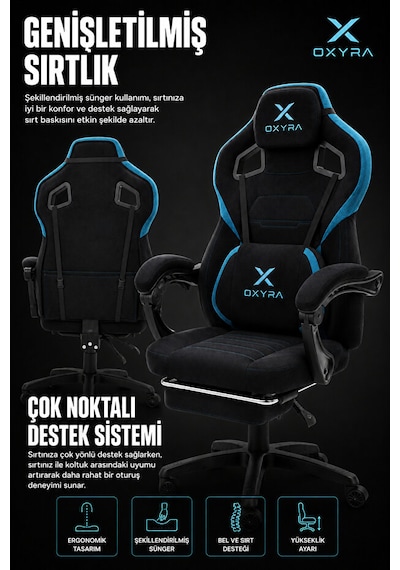 OXYRA Thalron Ergonomik Premium Terletmez Kumaş | Bel Masaj Destekli Oyuncu Koltuğu