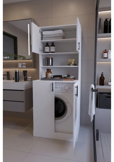 Leylak Çamaşır Makinesi Dolabı Çok Amaçlı Kapaklı Banyo Dolabı Çamaşır Odası Dolabı Beyaz