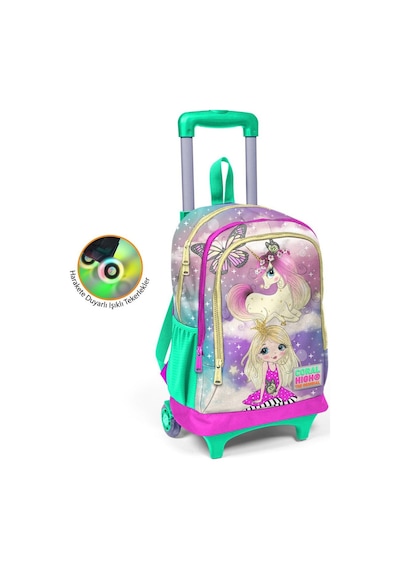 Coral High Kids Pembe Su Yeşili Unicornlu Kız Desenli Üç Bölmeli Çekçekli Okul Sırt Çantası 23933