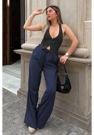 Madmext Lacivert Beli Büzgülü Wide Leg Kumaş Pantolon Mg1950-lacivert Lacivert