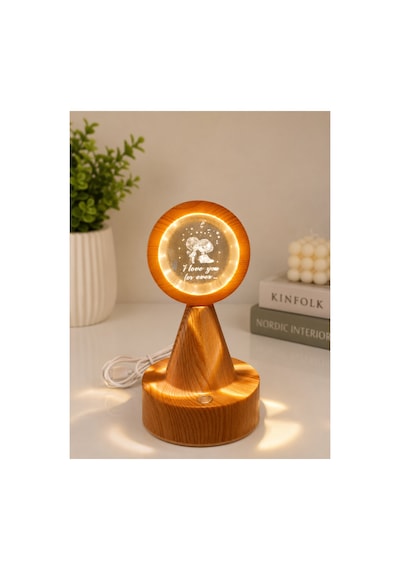 3d Kristal Led Masa Lambası Ahşap Desenli Usb Dekoratif Gece Lambası I Love You Forever Tasarımlı Bej Bej
