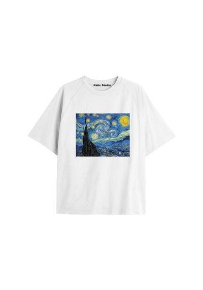 Kalic Studio Unisex Van Gogh Baskılı Oversize Tshirt Beyaz-78