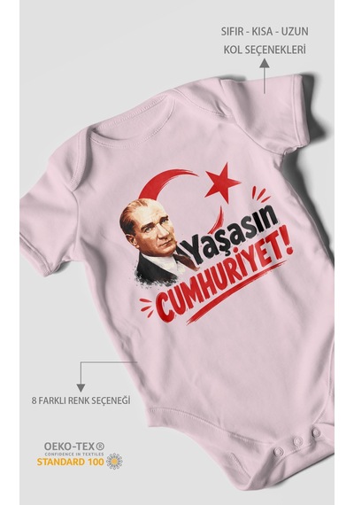 Morivokids Yaşasın Cumhuriyet Kısa Kollu Bebek Body %100 Pamuk Bebe Pembe