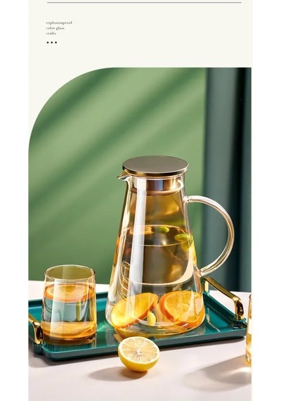 Borosilikat Cam Metal Kapaklı Lüks Sürahi 1900 Ml İpk Gold