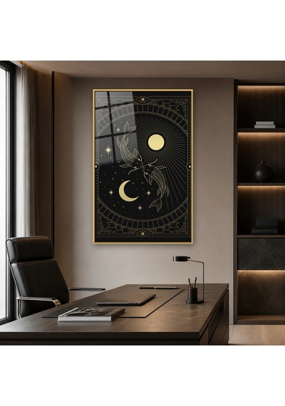 Güneş Ve Hilal Arasında Altın Balıklar Gold Çerçeveli Cam Tablo