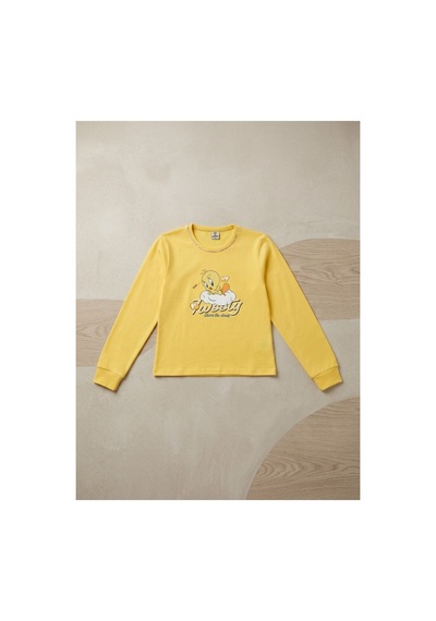 Uğur Bebe Kız Çocuk %100 Pamuk Sarı Renk Tweety Desenli Mevsimlik Pijama Takımı Sarı Sarı